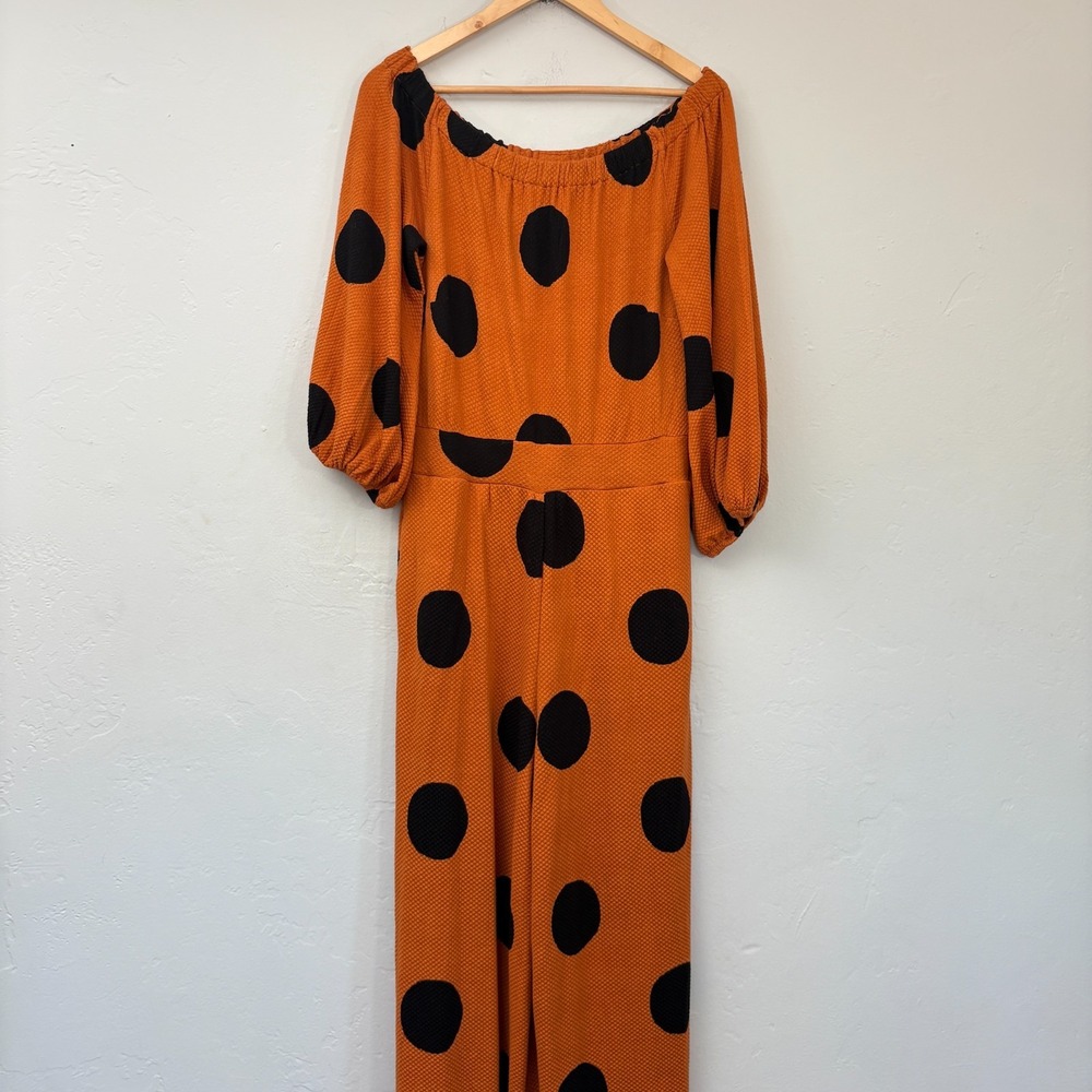 Farm Rio Anthropologie Polka Dot Wide Leg Jumpsuit Medium Orange Black New FLAW
